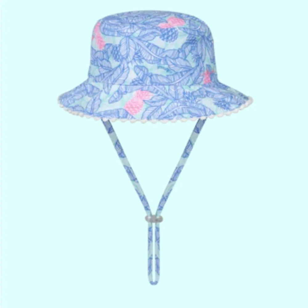 Millymook Tropics Girls Floral Blue Bucket Hat Strap (Small 2-5) SPF50